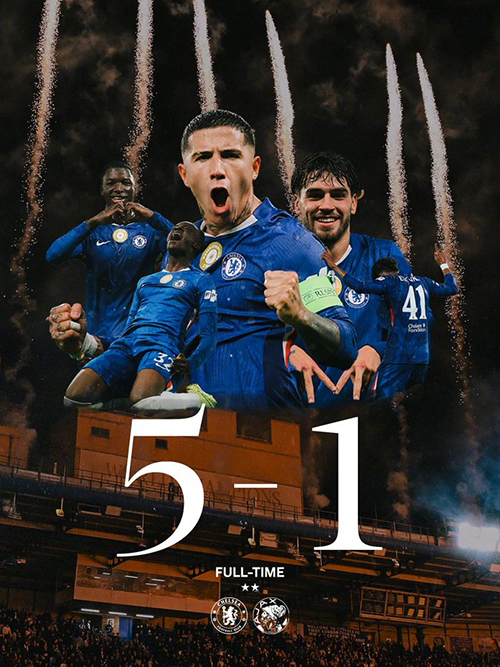 欧冠:切尔西5-1阿贾克斯 恩佐、埃斯特旺点射 凯塞多建功