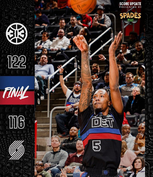 开拓者116-122不敌活塞,坎宁安29+9,阿夫迪亚35+9+7